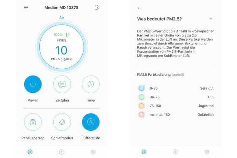 Die Medion Air App zeigt die Luftqualität, welche vom Medion MD 10378 gemessen wird an, rechts wird erläutert, was PM2,5 genau bedeutet.